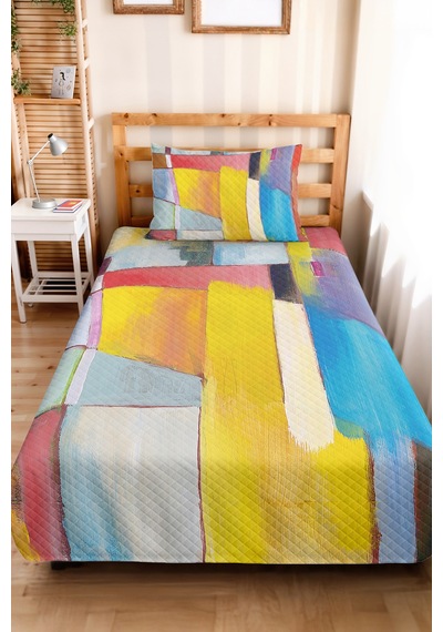 Geometrik Sarı Mavi Genç Odası Tek Kişilik Pike Takımı - Modern Renk Bloklu 160x220 Cm Yatak Örtüsü Kuşluk İz Aurası