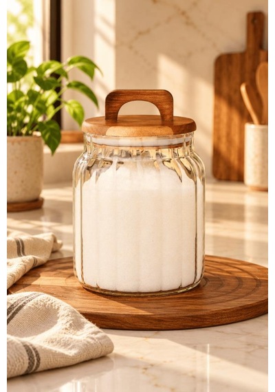 Atbyhome Akasya Kapaklı Çizgili Borosilikat Cam Kavanoz 1150 Ml - Vakumlu Büyük Boy Erzak Bakliyat Saklama Kabı