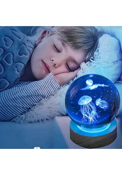 Büyük Boy Işıklı Ahşap Kaideli Deniz Anası Temalı Cam Küre 8cm