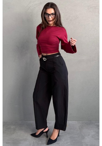 Madmext Siyah Modern Kesim Kemerli Yüksek Bel Bol Paça Kumaş Pantolon Mg2618 siyah