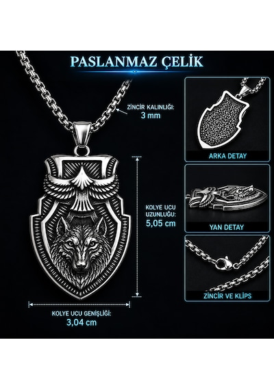 Paslanmaz Çelik Güç, Özgürlük Ve Asaletin Sembolü Kartal Detaylı Kurt Kolye Antik Gümüş