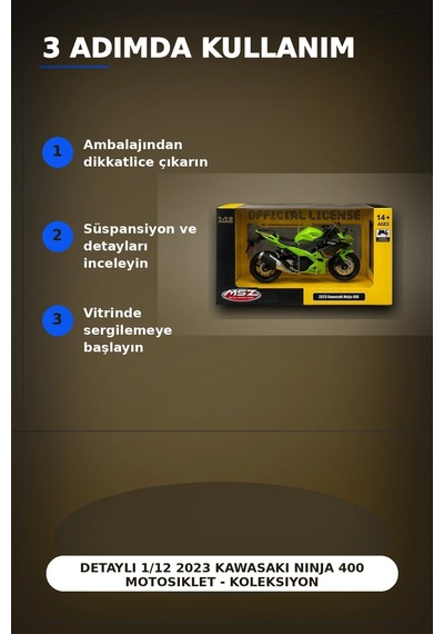 Detaylı 1/12 2023 Kawasaki Ninja 400 Motosiklet - Koleksiyonluk Tekli Paket Bx-313415