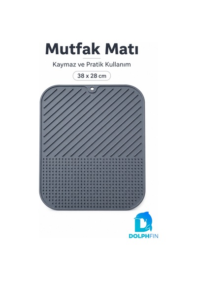 Silikon Bulaşık Kurutma Matı 38x28 Cm Kaymaz Tezgâh Üstü Gri Mutfak Matı