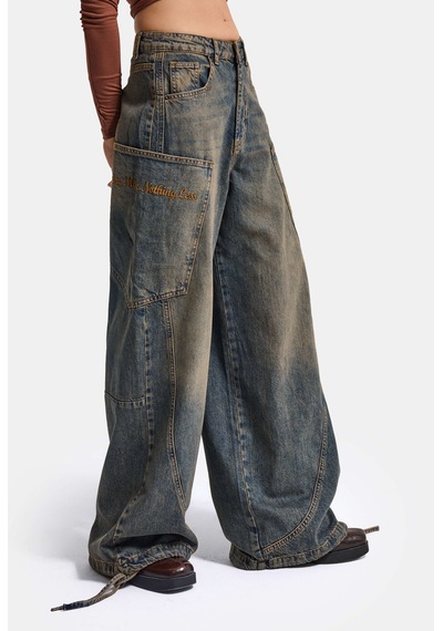 Kadın 4w6-85 Baggy Fit Özel Nakış Detaylı Tasarım Denim Jean Koyu Mavi