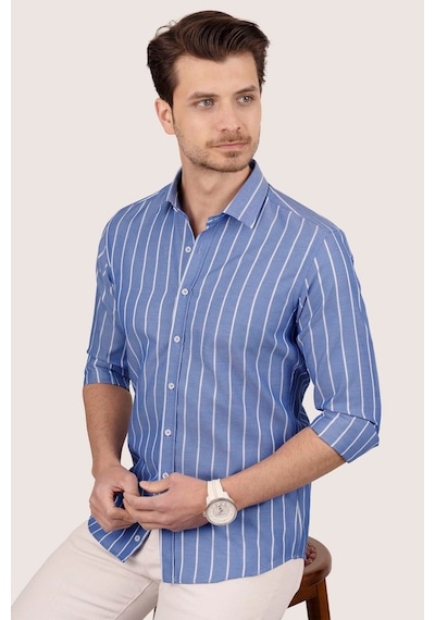 Erkek Mavi Beyaz Çizgili Slimfit Kutulu Gömlek Mavi