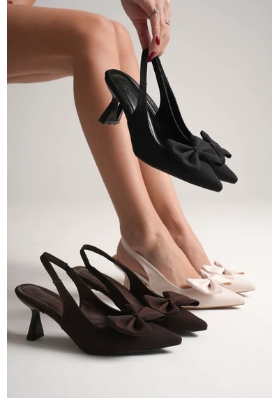 Trendella Bej Fiyonklu Kitten Topuklu Slingback Kadın Ayakkabı Tr08ms24b Siyah