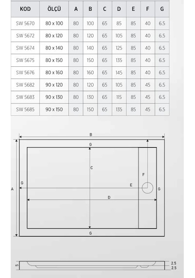 Shower Slimflat Dikdörtgen Duş Teknesi 80X120 Cm