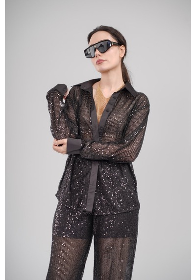 Mayrem Oversize Kesim Pul Payet Gömlek SİYAH