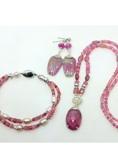 2846 Yakut Spinel Hematit El Yapımı Çelik Aparatlı Kolye 046 - Pembe