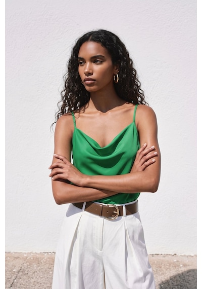 Sateen Askılı Degaje Yaka Bluz - Yeşil-137671