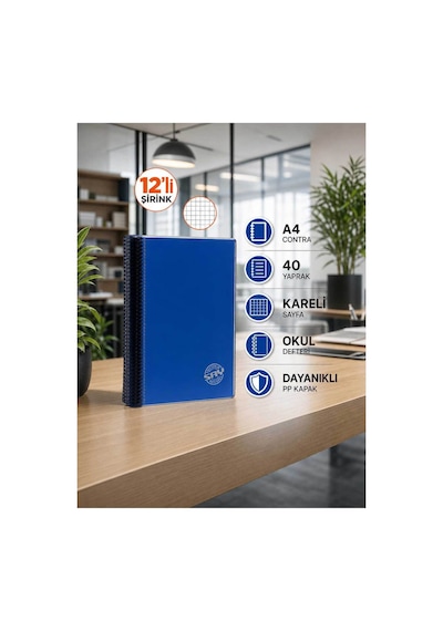 Contra Pp Kapak Spiralli 40 Yaprak A4 Kareli 12 Adet Defter Çok Renkli