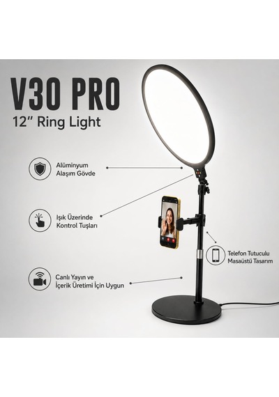 12 İnç Ring Light Telefon Tutuculu, 2700k-6500k Ayarlanabilir Işıklı Halka Lamba, Alüminyum Alaşımlı Canlı Yay