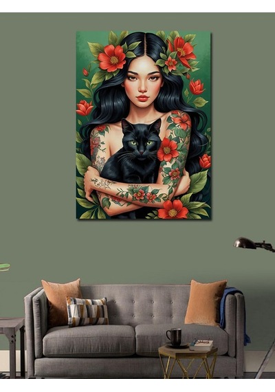 Kanvas Tablo Kara Kedi Ve Kadın 100cmx140cm