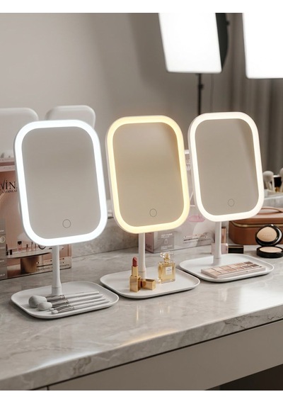 Led Işıklı Dimmerli Usb Şarjlı Dokunmatik Makyaj Aynası Beyaz - 3 Renk Işık Modu 360 Döner Masaüstü Ayna Kare