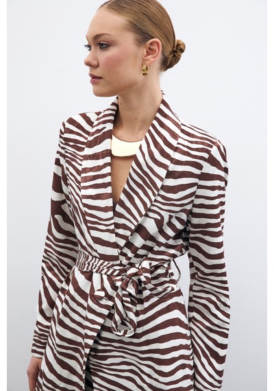 Sateen Kuşaklı Zebra Ceket - Kahve-135433 Kahve