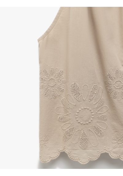 Koton Pamuklu Floral Dokulu Fistolu Brodeli Halter Yaka Askılı Bluz Vizon 5sak30034pw
