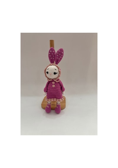 Amigurumi Örgü Tavşan Bebek Pembe Elbiseli Şapkalı Sevimli Tavşan Oyuncak 26cm Mor