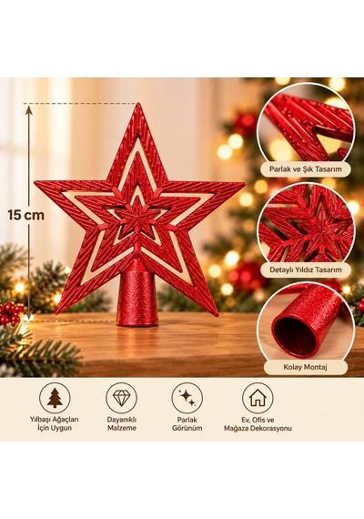 Yılbaşı Çam Ağacı Tepeliği 15 Cm - İç İçe Yıldız Tasarımlı Parlak Kırmızı Ağaç Tepe Süsü - 9099968027335 Diğer