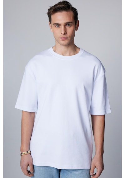 Tudors Unisex Oversize Geniş Kesim Pamuklu Yumuşak Dokulu Basic Bisiklet Yaka Beyaz Tişört-30842-beyaz Beyaz
