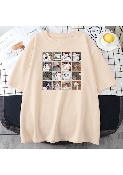 Flood Of Style Erkek Bej Cat Baskılı Oversize Bisiklet Yaka Tshirt