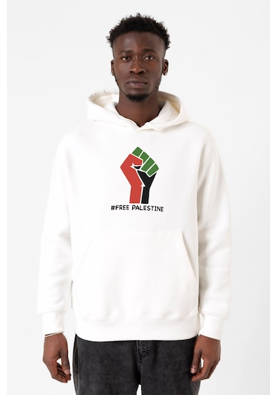 Hand Free Palestine Beyaz Erkek 3ip Kapşonlu Sweatshirt Beyaz