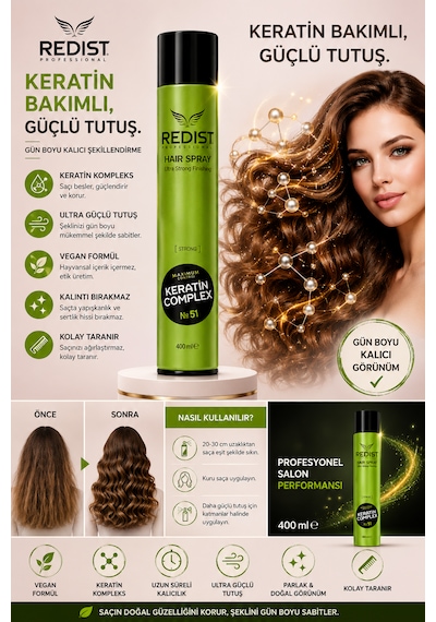 Keratinli Sac Spreyi Ultra Güçlü Uzun Süreli Tutucu Vegan 400 Ml