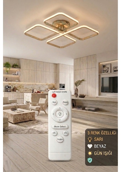 March Dekoratif Plafonyer Kumandalı Led Avize Eskitme-4'lü Geometrik Kare 3 Renk Yanma Özellikli