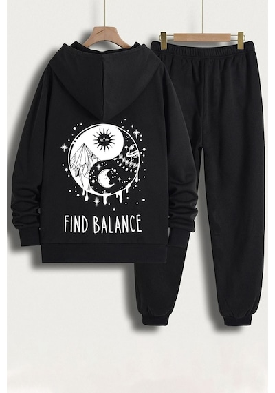 Uyguntarz Unisex Yin & Yang Baskılı Eşofman Takımı Siyah