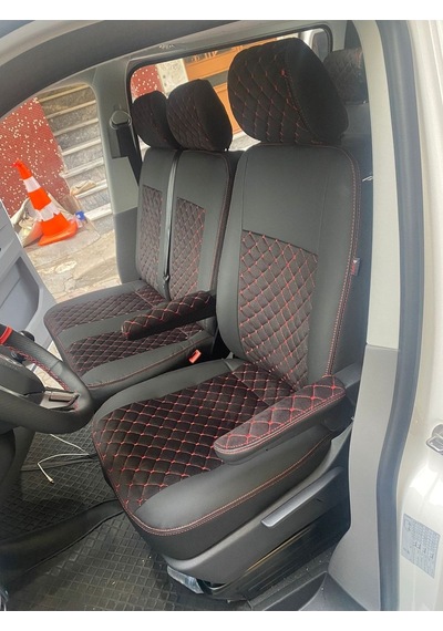 Volkswogen Transporter 5 1 T6.t7 Uyumlu Siyah Zemin Kırmızı Nakışlı Taytüyü Siyah Deri Karışımı