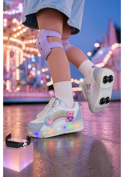 Muggo Colourful Çocuk Işıklı Patenli Tekerlekli Sneaker Spor Ayakkabı Bebe Mavi