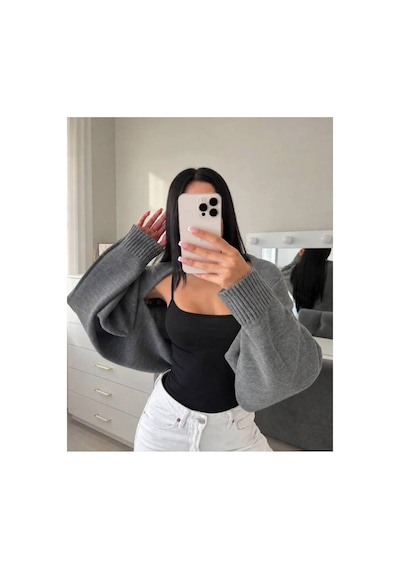 Flex Fashıon Kadın Sokak Modası Akrilik Crop Triko Hırka Füme Koyu Gri Füme - 928384069 Füme - 928384069 Füme