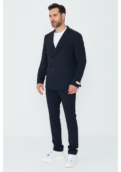 Lacivert Kruvaze İnce Çizgili 6 Drop Regular Fit Takım Elbise Laci