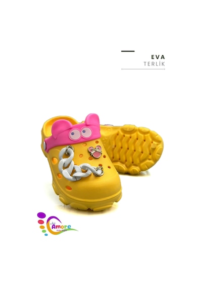 Sermoda Gözlük Desen Zincirli Eva Kız Çocuk Plaj Havuz Terlik Sabo Terlik Sarı