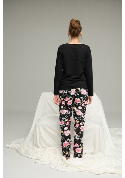 Siyah İnci Desenli Örme Pamuklu Pijama Takım25240251 Siyah