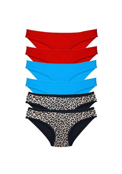 6 Adet Likralı Kadın Slip Külot Leopar Kırmızı Mavi Çok Renkli
