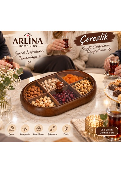 6 Bölmeli Kapaklı Şık Oval Akasya Çerezlik Ahşap