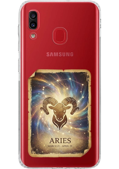 Samsung Galaxy A30 İle Uyumlu Burç Kartları Koç Tasarımlı Şeffaf Silikon Kılıf Şeffaf