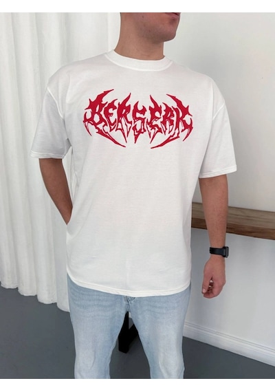 Erkek Kısa Kol Yazlık Tişört Bisiklet Yaka Baskılı Oversize T-shirt - Beyaz Çok Renkli