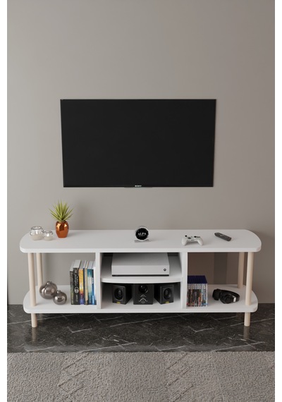 Modern Tv Ünitesi Ahşap Raflı 2 Katlı 4 Raflı Televizyon Sehpası Televizyon Ünitesi Beyaz