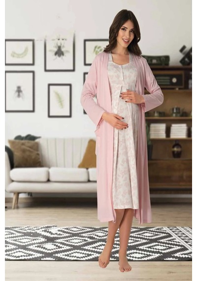 Effortt Dvina Lohusa Hamile Sabahlık Ve Desenli Kısa Kollu Gecelik - 2'li Set - Pembe Pembe