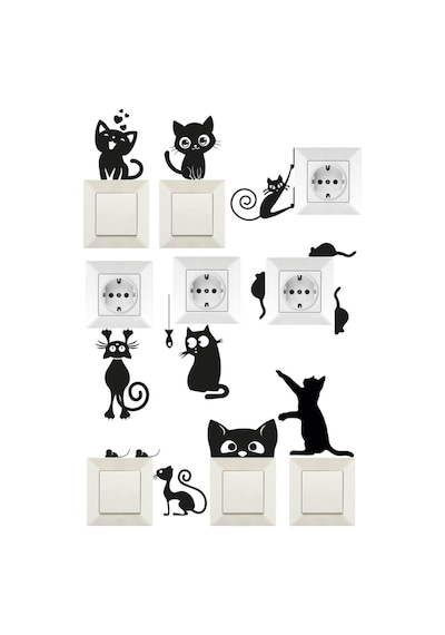 Duvar Sticker 9'lu Sevimli Kedili Priz Üstü Sticker Siyah, 795258222266 1