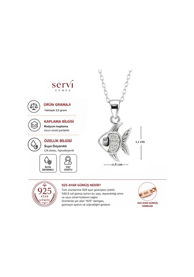 Servi 925 Ayar Gümüş Zirkon Taşlı Balık Figürlü Kolye-418