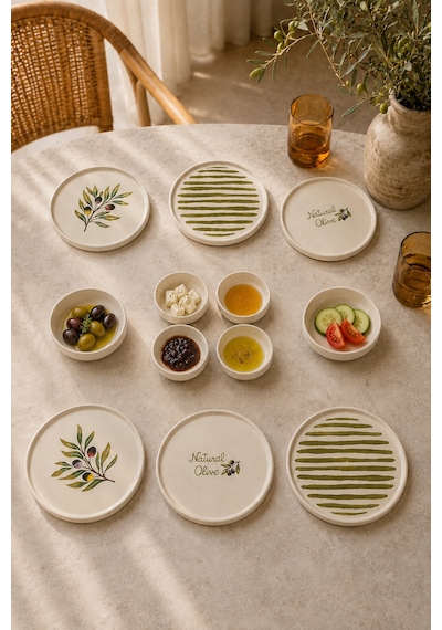 Oliva 12 Parça 6 Kişilik Handmade Stackable Seramik Tabak Seti Premium Sunum & Kahvaltı Takımı Beyaz