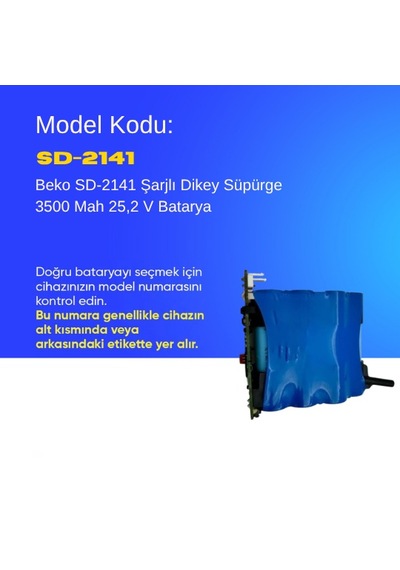 Beko Sd-2141 Şarjlı Dikey Süpürge 3500 Mah 25,2 V Batarya  Uyumlu Uzun Ömürlü, Yüksek Performans Pil