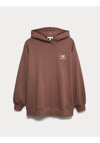 Marks & Spencer Saf Pamuk Grafik Baskılı Kapüşonlu Sweatshirt T41003216C Kahverengi