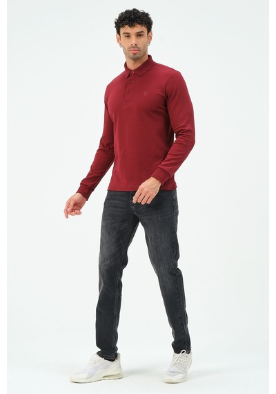 Uzun Kollu Regular Fit Erkek Polo Yaka T-shirt Bordo