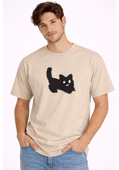 Nevermind Unisex Oversize Tişört Kedi Baskılı Minimal Tasarım Pamuk Bej