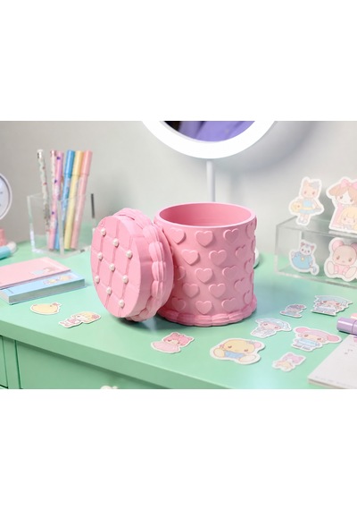 3d Baskı Kabartma Kalp Desenli Kapaklı Kalemlik - Masaüstü Organizer - Pembe Çok Renkli