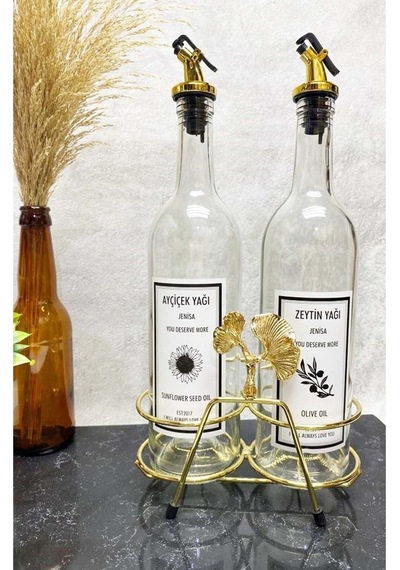 Altın Standlı Ginkgo Figürlü 750ml Şeffaf Şişe Altın Akıtıcılı Et