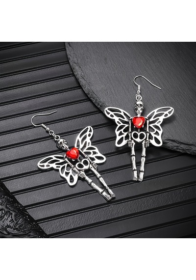 Dükkan Design Red Heart Butterfly Skeleton Küpe Gümüş - Gri